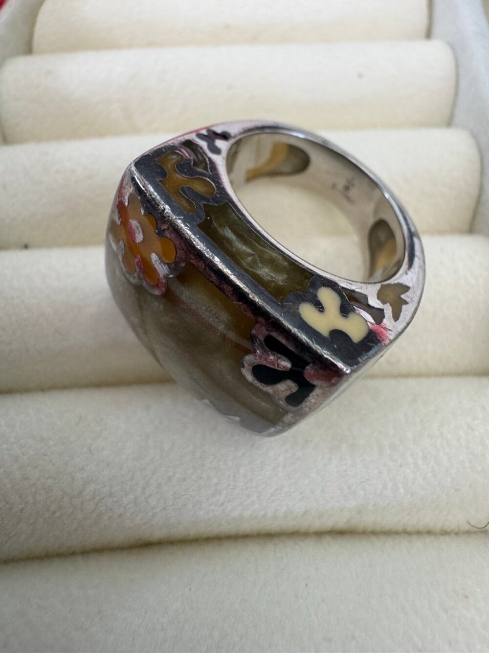 Alan K Design 925 Sterling Silver Olive Green Floral Enamel Square Ring